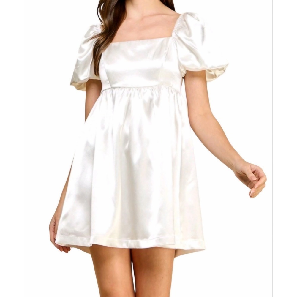 TCEC Satin Puff Sleeve Square Neck Babydoll Coquette Mini Dress White Size XS